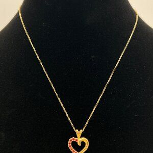 Gold-Toned Sterling Silver Heart Pendant Necklace With Red Gemstones 18" Chain J